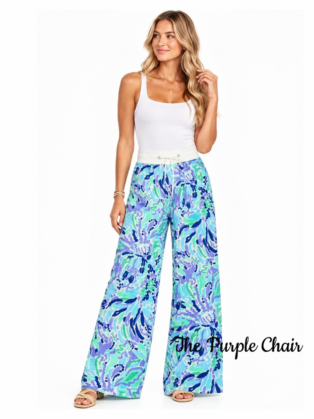 LILLY PULITZER NWT The Beach Pant Linen Wide Leg Pants *Lilly Lilac Nice Ink XS